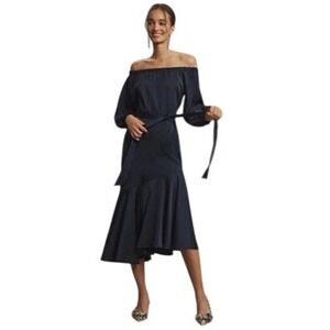 Sachin & Babi Navy Blue Off Shoulder Ruffle Hem‎ Midi Dress Size 2